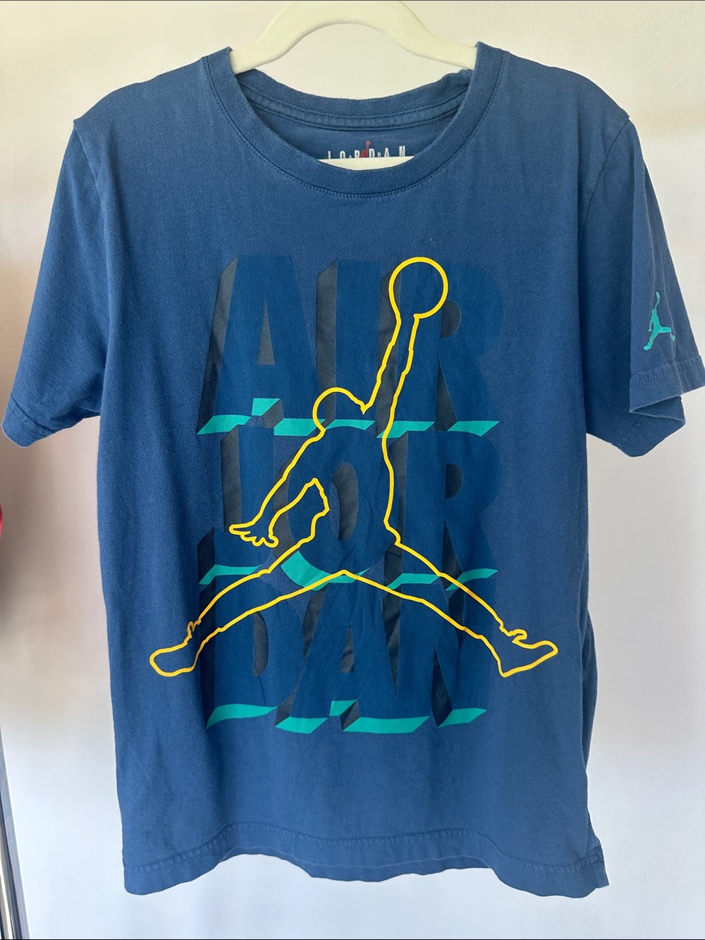 Air Jordan Blue Tee with Gold Jumpman and Teal and Black Logo Kids Medium 10-12
